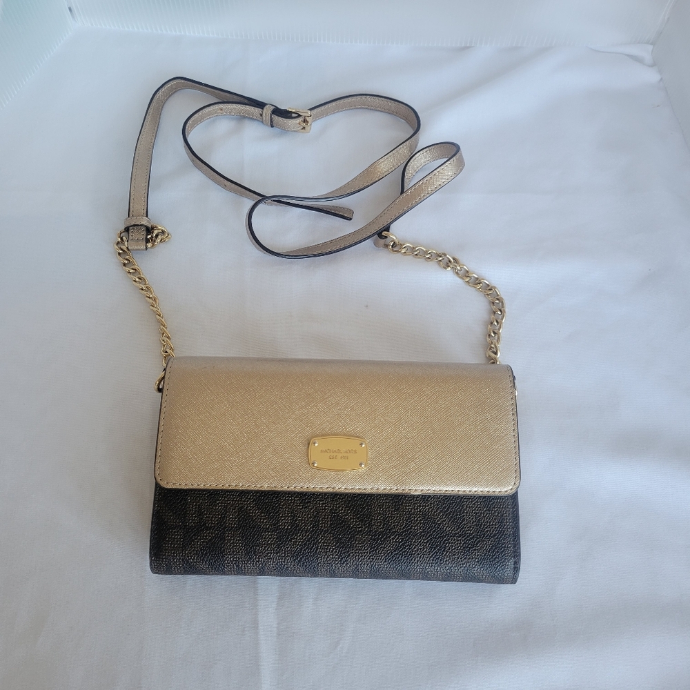 Michael Kors Crossbody Jet Set Gold Brown Logo Leather Bag Chain Strap
